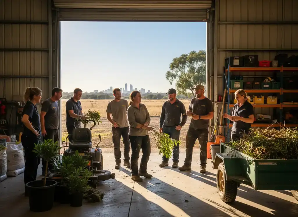 landscaping perth: crew standing in a shed with potted shrubs, a ride-on mower and a trailer of cut plants