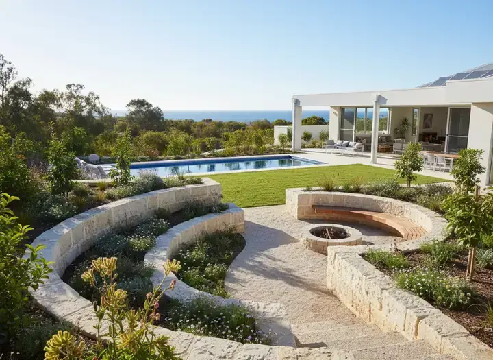 landscaping perth: curved pale stone retaining walls around a fire pit, lawn and a pool beside a white home