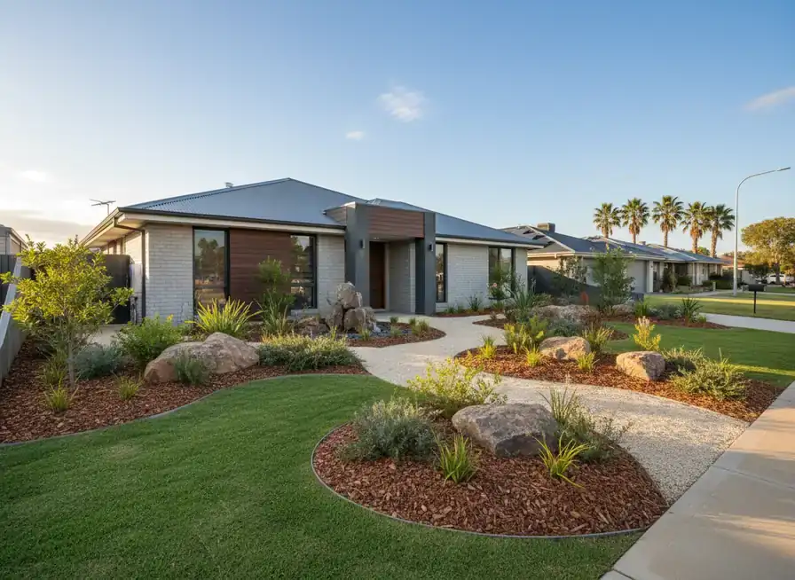 landscaping perth: front garden with lawn, pebble path, boulders and grasses beside a brick and render house