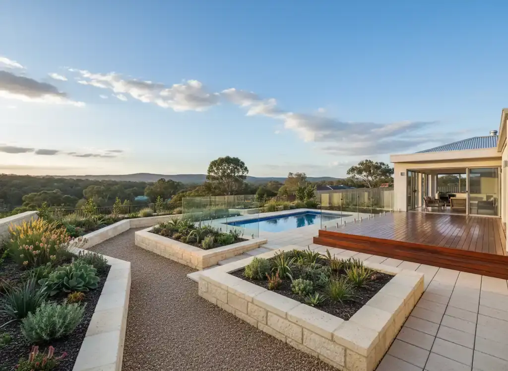 landscaping perth: raised stone-edged planter beds and timber decking beside a pool with a glass fence