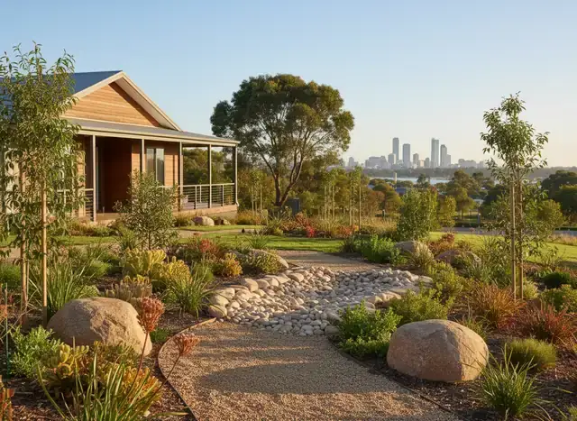 landscaping perth: native plant beds with pebble stream, boulders and young trees beside a timber cottage