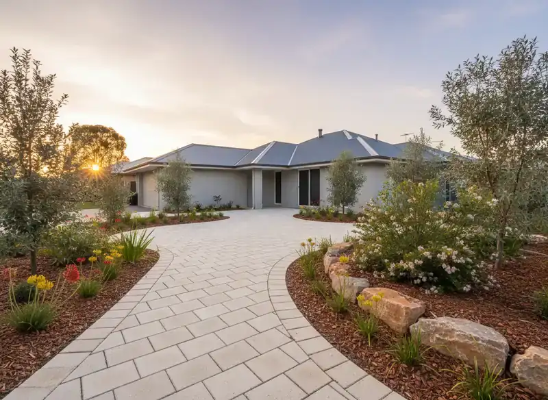 landscaping perth: curved paved driveway lined with mulched beds, shrubs, olive trees and boulders