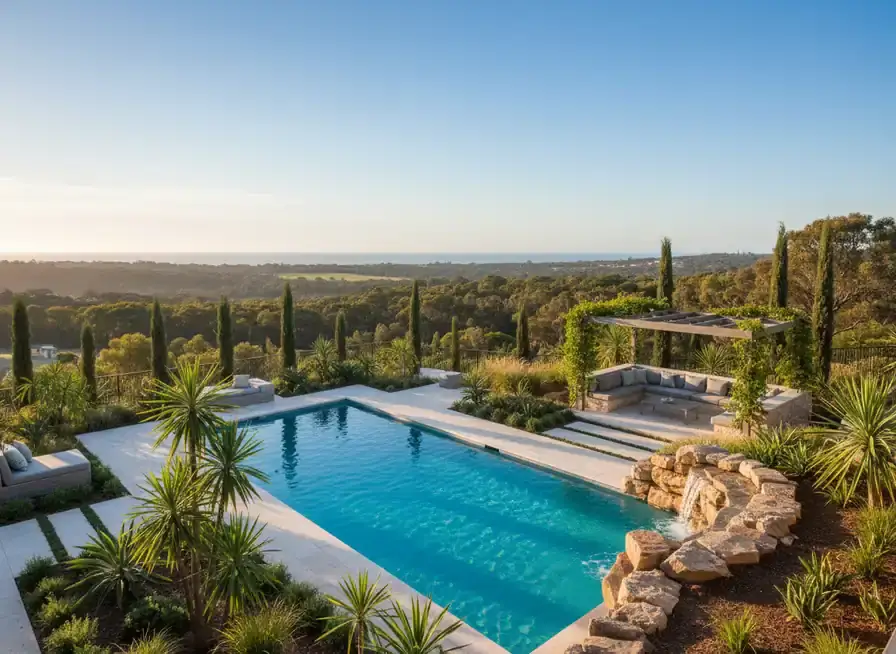 landscaping perth: rectangular pool with palm and grass plantings, boulder waterfall and a pergola seating area
