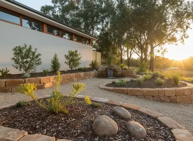 landscaping perth: sleeper retaining walls, gravel path and mulched beds with boulders beside a modern house