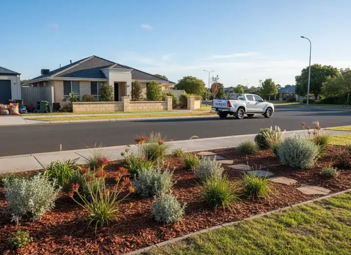 landscaping perth: street verge with mulched bed of grey-leaved shrubs and red-flowering plants beside a parked ute